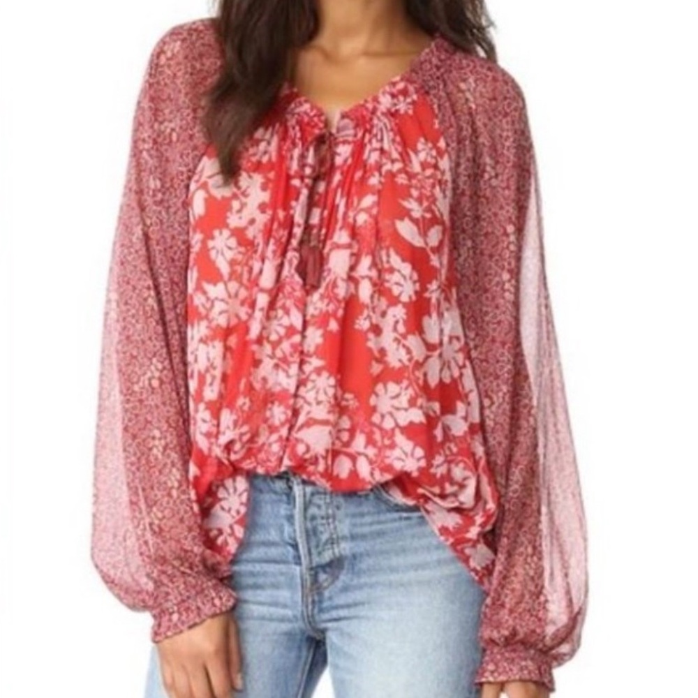 Free People Boho Peasant Blouse Red Floral Print Size XS